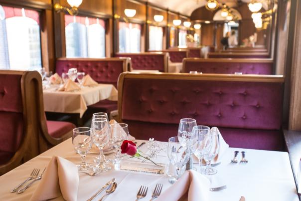 Train car decorated for fine dining