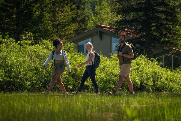 Three friends hiking in Brighton, Utah