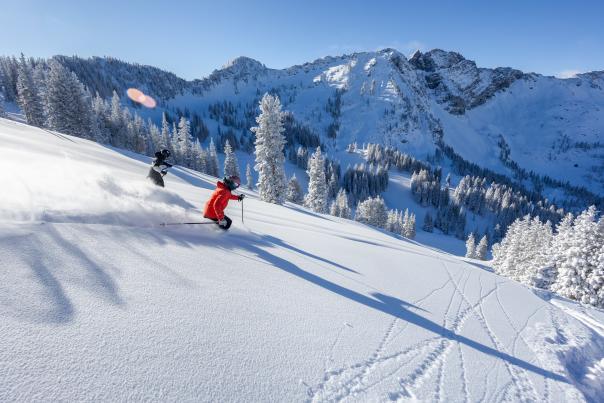 Skiers at Alta Ski Area in winter 2024