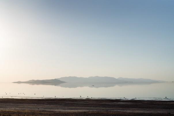 Shoreline of Great Salt Lake near the marina looking out toward Antelope island