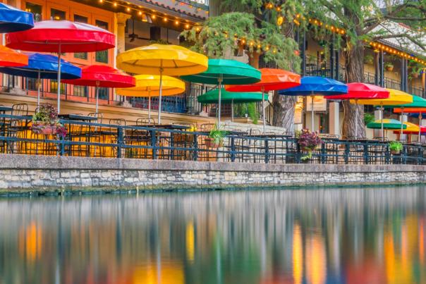 Colorful umbrellas on the River Walk