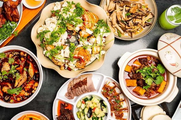 Overhead view of Asian food spread