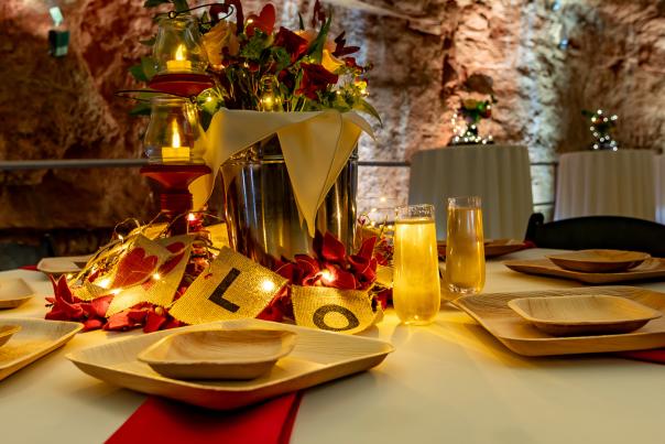 Romantic dinner setup inside cavern