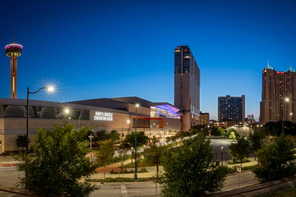 Exterior view of Henry B. Gonzalez Convention Center at dusk