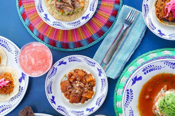 Overhead view of Mexican cuisine spread