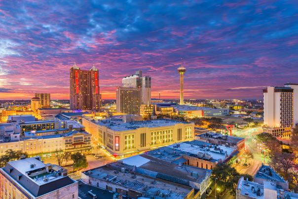 Overhead view of San Antonio skyline at dusk