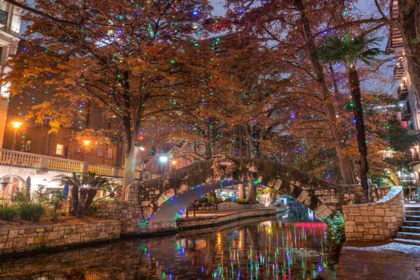 River Walk during the holidays with colorful lights