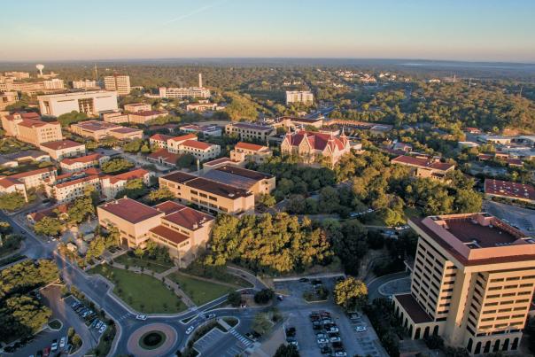 An aerial view of the Texas State University campus
