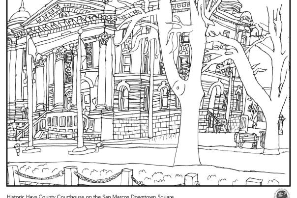 Hays County Courthouse coloring page from local artist, Gav Sears.