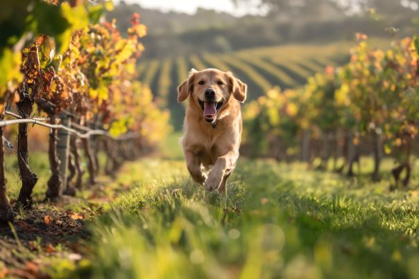 Golden retriever running through a winery