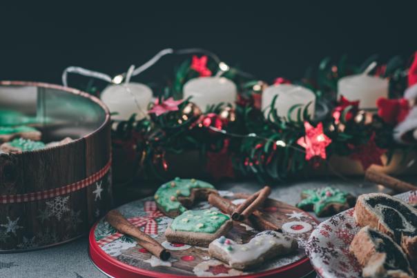 Christmas cookies and desserts on a table set up