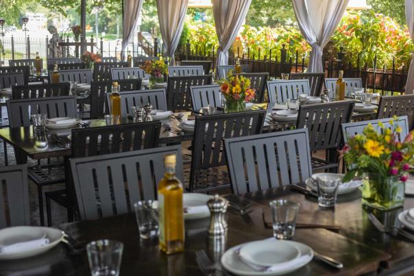 Empty seating at Forno Bistro's patio in Saratoga Springs NY