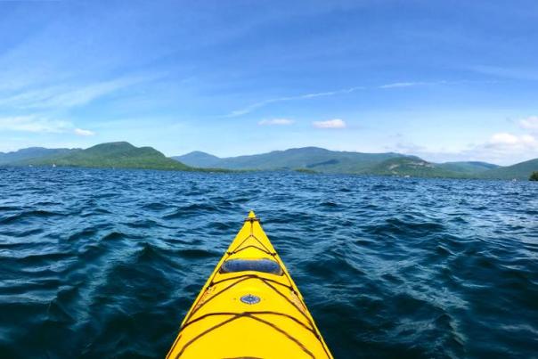 View of Lake George from yellow kayak