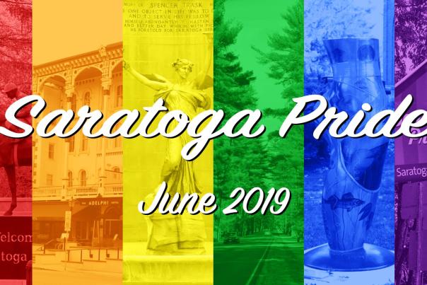 Collage of pictures taken in Saratoga with transparent Pride flag over the images. Saratoga Pride in white on top and June 2019