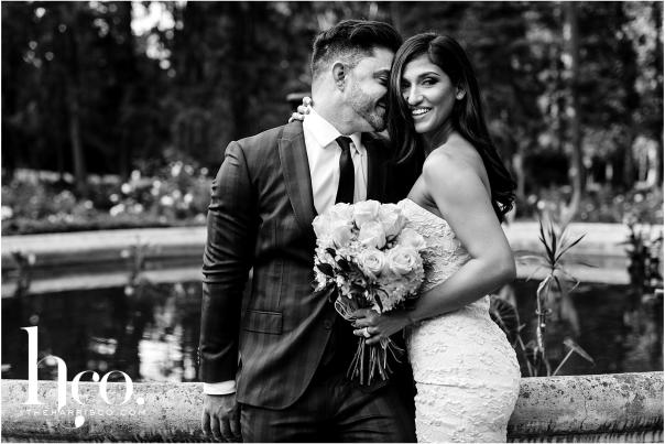 Black and white photo on couple on wedding day in Yaddo Gardens Saratoga NY