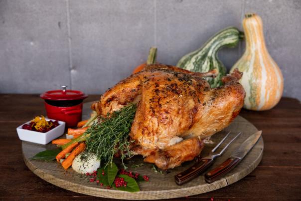 stuffed turkey displayed on table