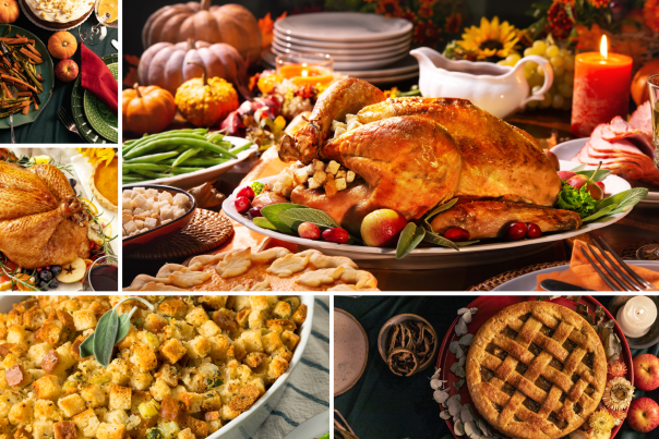 Collage of different foods including turkey, stuffing, and pie