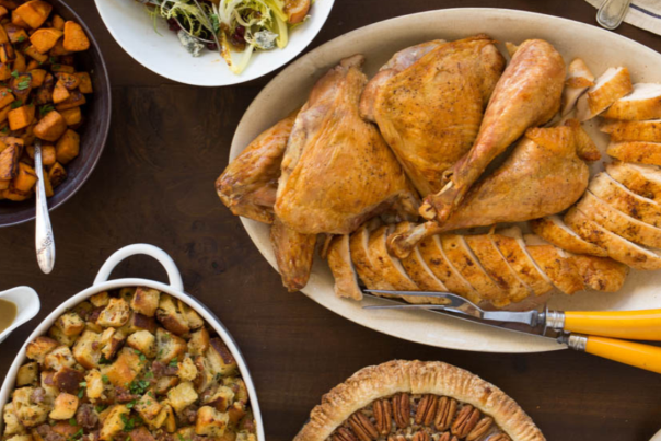 Thanksgiving dinner laid out on a table