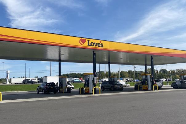 gas pumps at Love's travel stops on a sunny day