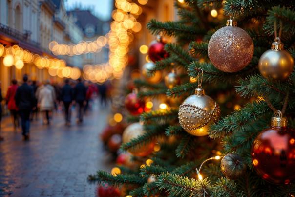 A close up of a Christmas tree and a Christmas market in the background