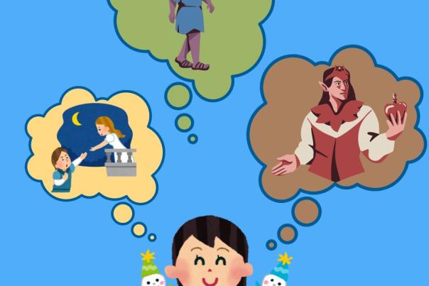 Cartoon of a girl with puppets on each hand a speech bubbles leading to Shakespeare characters