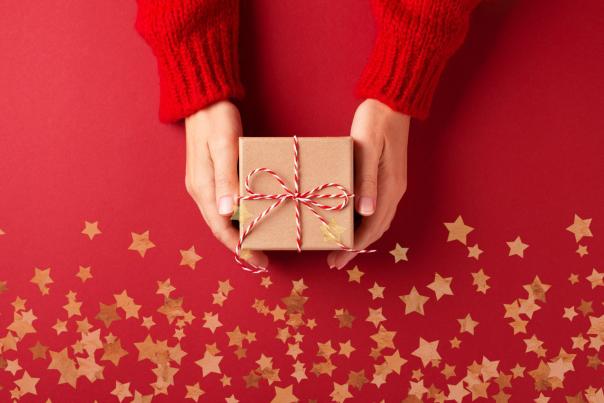 A pair of hands holding a Christmas gift