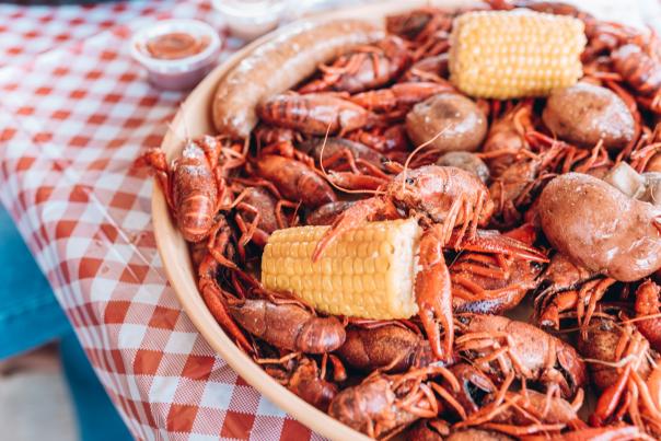 Platter of Crawfish with Corn, Potatoes and Sausage