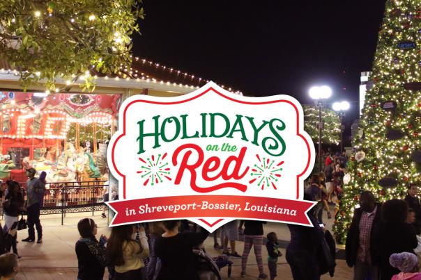 Merry-Go-Round and lighted Christmas tree at Louisiana Boardwalk during Holidays on the Red