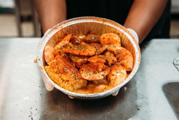 A photo of a seafood boil