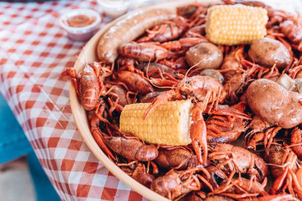 Platter of boiled crawfish, corn and potatoes in Shreveport, La.