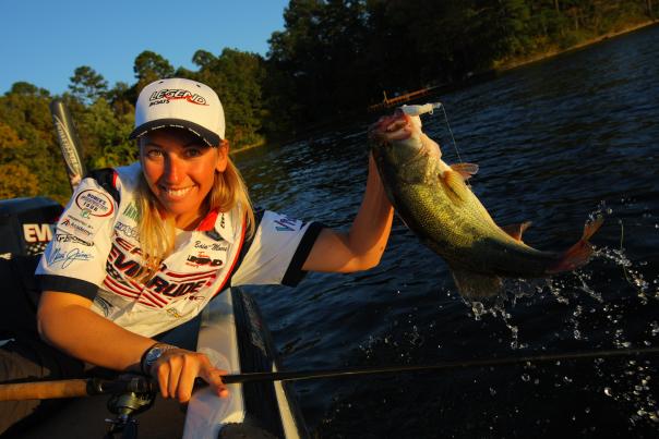 Woman fisherman with bass on the Red River in Shreveport, Louisiana