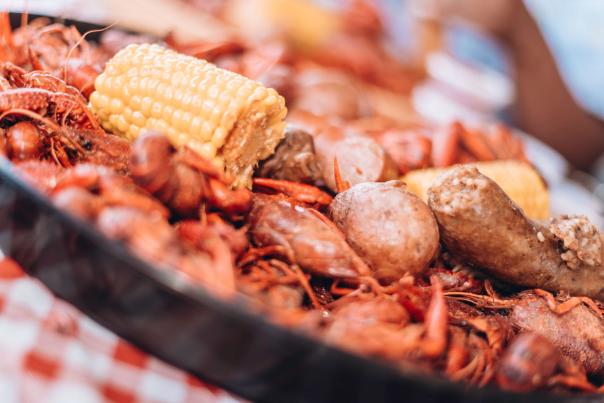 Platter of boiled crawfish, corn on the cob and potatoes in Shreveport, Louisiana