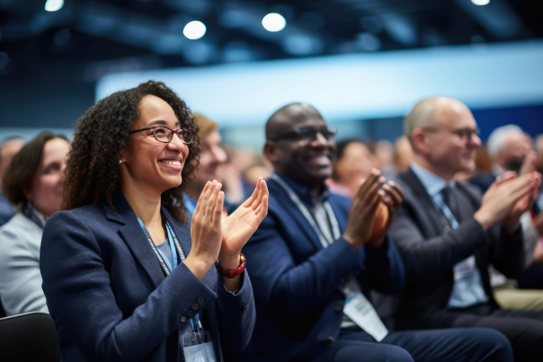 Three business people in blue suits clap after a presentation in a convention center