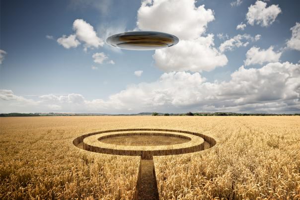 A UFO creates a crop circle in a field of wheat.