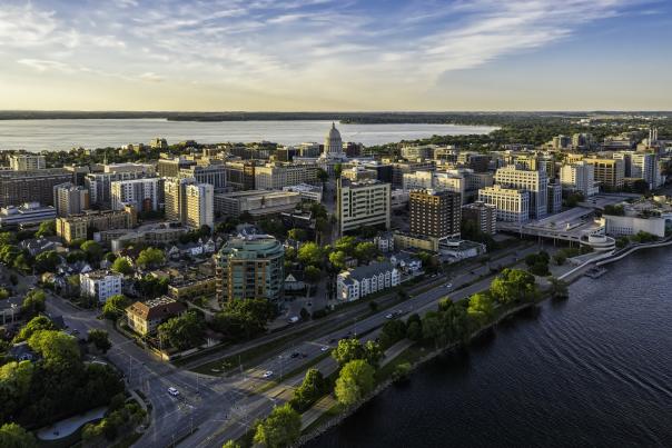 An aerial view of downtown Madison, WI on the isthmus.
