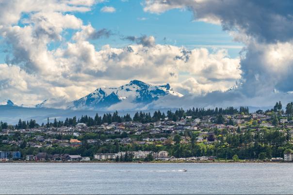 City of Campbell River with Golden Hinde mountains behind. Vancouver Island, BC, Canada