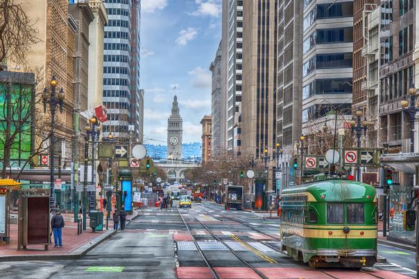 A view down Market Street during the day in San Francisco, CA.