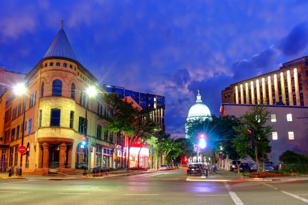A view of the Wisconsin State Capitol from the streets of downtown Madison.
