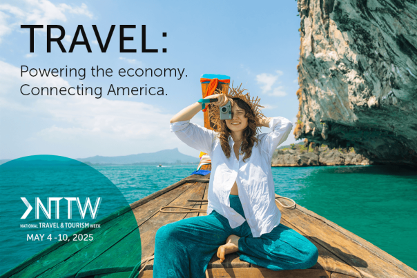 A woman takes a photo while riding in a boat on the water with text overlay, "Travel: Powering the economy. Connecting America."