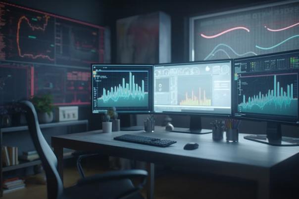 A desk with three computer monitors showing different graphs and data.