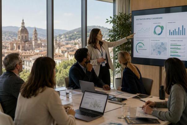 Destination marketing team reviews tourism and sustainability data on a dashboard during a strategic planning meeting overlooking a cityscape.