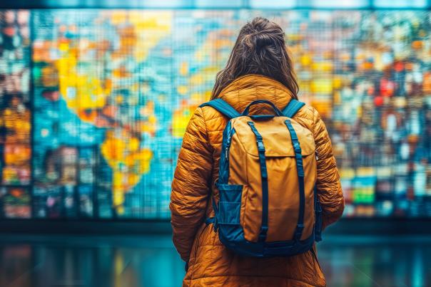 A person wearing travel gear stands in front of a futuristic digital board, representing AI's role in travel and tourism and how it can make an impact for destination marketing organizations.