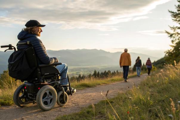 A person in a wheelchair moves along a hiking path in the mountains, highlighting an example of accessible tourism.