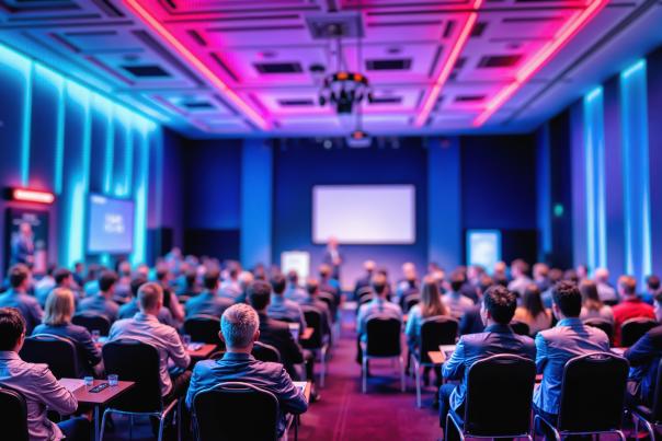 Attendees at a tourism marketing conference sit in rows and watch a keynote speaker.