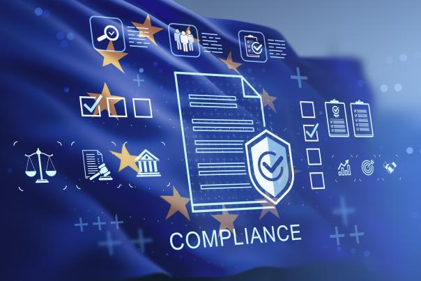 A variety of floating icons depicting data protection and the word "Compliance" overlay the flag of the European Union.