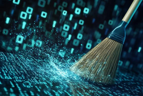 A broom sweeping through streams of digital data and binary code, illustrating the process of cleaning and improving data quality.