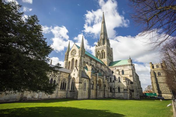 Sun shines on Chinchester Cathedral in Chinchester, UK