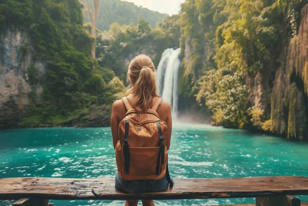 A person with a backpack on sits on a bench in front of a pool of water, with lush greenery and a waterfall in the background.