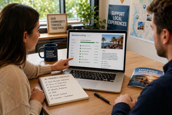 People reviewing a laptop dashboard showing a complete business listing update, with an AI-friendly listing checklist on the desk.