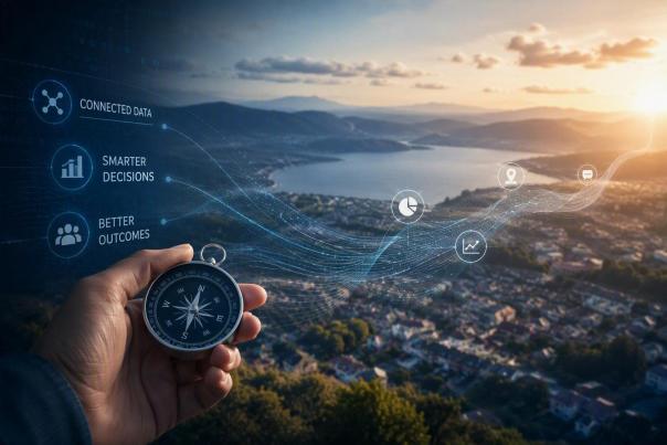 Compass held above a destination landscape with connected data and analytics icons, symbolizing AI readiness and data-driven tourism planning.